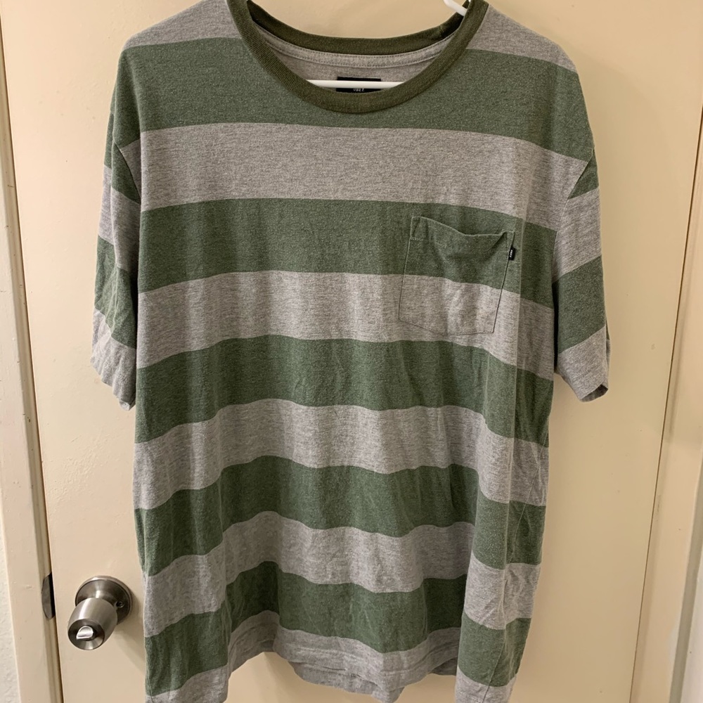 Grey and green thick striped Obey shirt